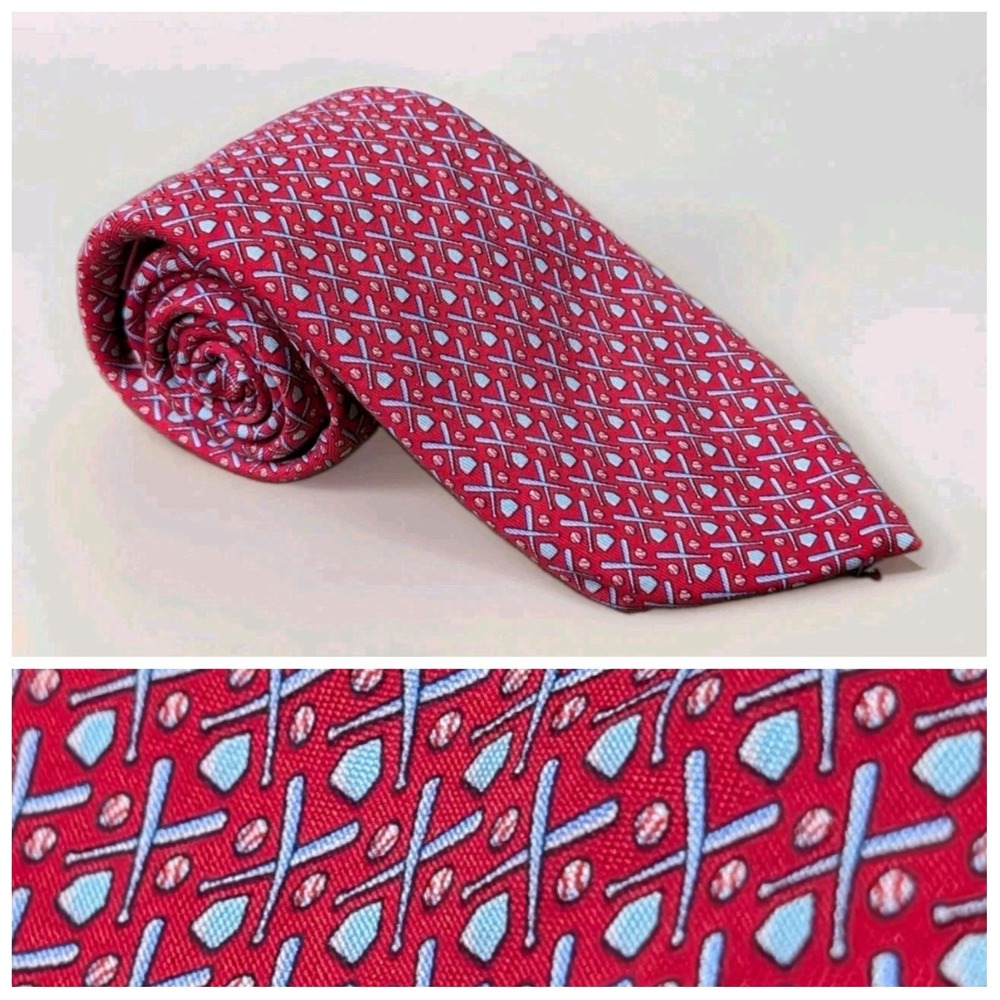 Vineyard Vines Mens Hand Picked Ian & Shep 100% Silk Baseball Bat Tie Red USA